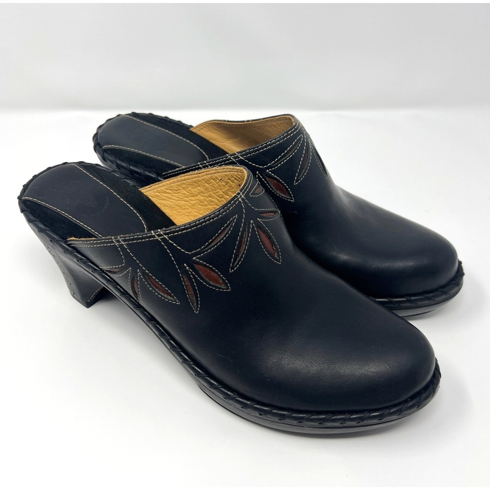 Frye‎ Boots Leather Shoes Black Mule Clogs 3" Heel Womens 9M Charlotte Flower
